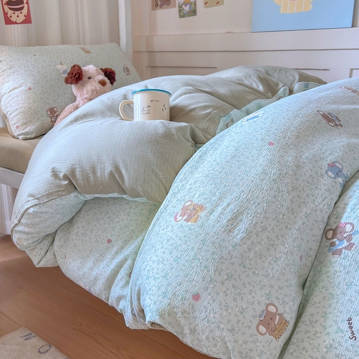 91家纺网 家纺一手货源 找家纺 玉海棠家纺 2025新款云感双层纱提花学生宿舍三件套上下铺三件套 绿色小象