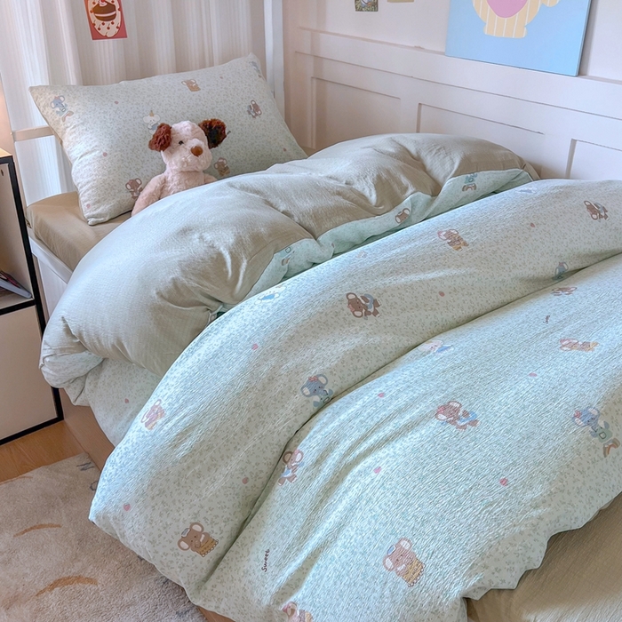 91家纺网 家纺一手货源 找家纺 玉海棠家纺 2025新款云感双层纱提花学生宿舍三件套上下铺三件套 绿色小象