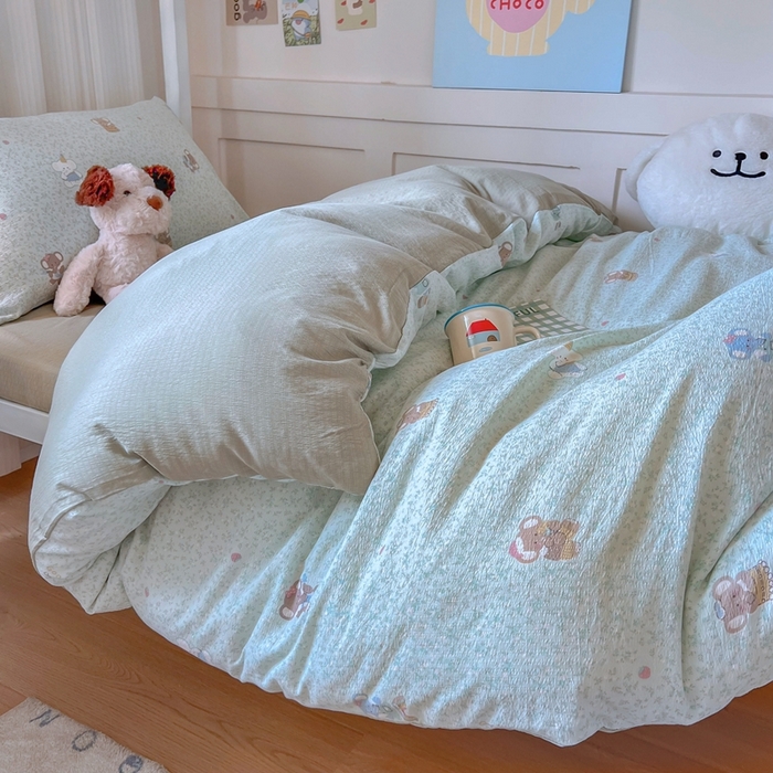 91家纺网 家纺一手货源 找家纺 玉海棠家纺 2025新款云感双层纱提花学生宿舍三件套上下铺三件套 绿色小象