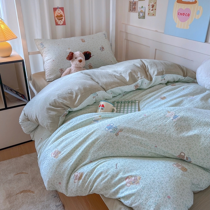 91家纺网 家纺一手货源 找家纺 玉海棠家纺 2025新款云感双层纱提花学生宿舍三件套上下铺三件套 绿色小象