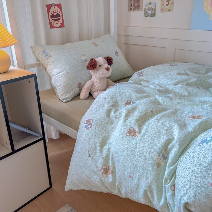 91家纺网 家纺一手货源 找家纺 玉海棠家纺 2025新款云感双层纱提花学生宿舍三件套上下铺三件套 绿色小象