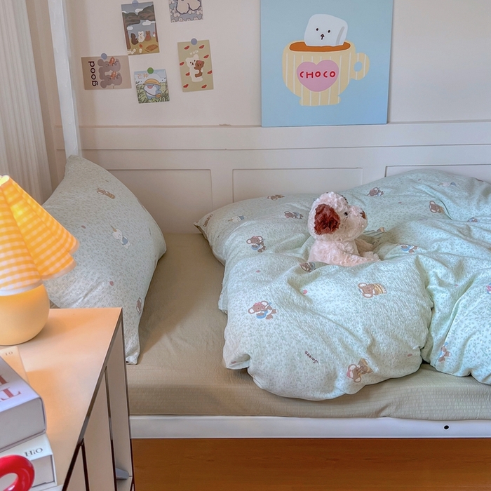 91家纺网 家纺一手货源 找家纺 玉海棠家纺 2025新款云感双层纱提花学生宿舍三件套上下铺三件套 绿色小象