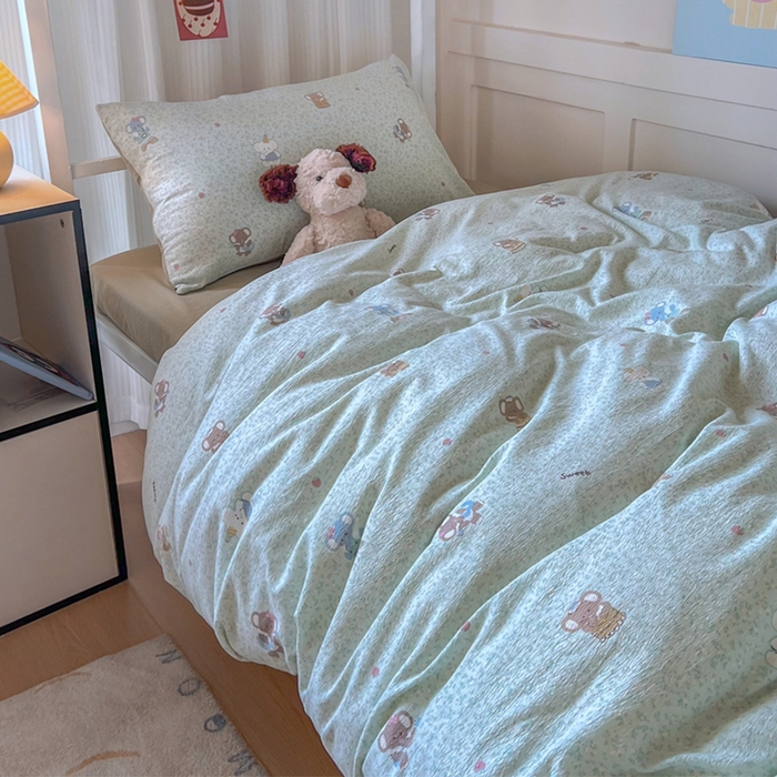 91家纺网 家纺一手货源 找家纺 玉海棠家纺 2025新款云感双层纱提花学生宿舍三件套上下铺三件套 绿色小象