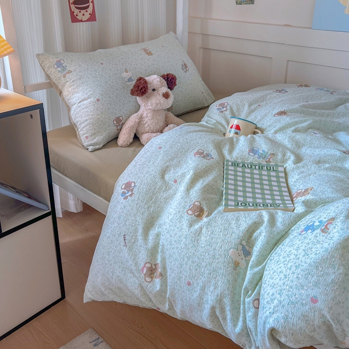 91家纺网 家纺一手货源 找家纺 玉海棠家纺 2025新款云感双层纱提花学生宿舍三件套上下铺三件套 绿色小象