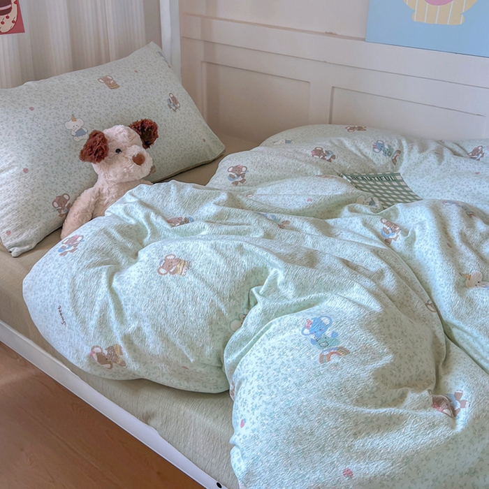 91家纺网 家纺一手货源 找家纺 玉海棠家纺 2025新款云感双层纱提花学生宿舍三件套上下铺三件套 绿色小象