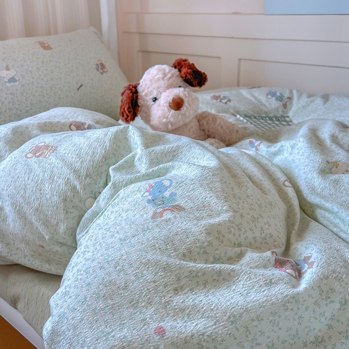 91家纺网 家纺一手货源 找家纺 玉海棠家纺 2025新款云感双层纱提花学生宿舍三件套上下铺三件套 绿色小象