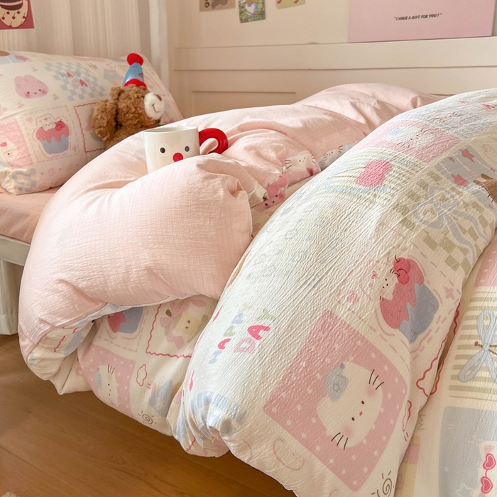 91家纺网 家纺一手货源 找家纺 玉海棠家纺 2025新款云感双层纱提花学生宿舍三件套上下铺三件套 萌物乐园