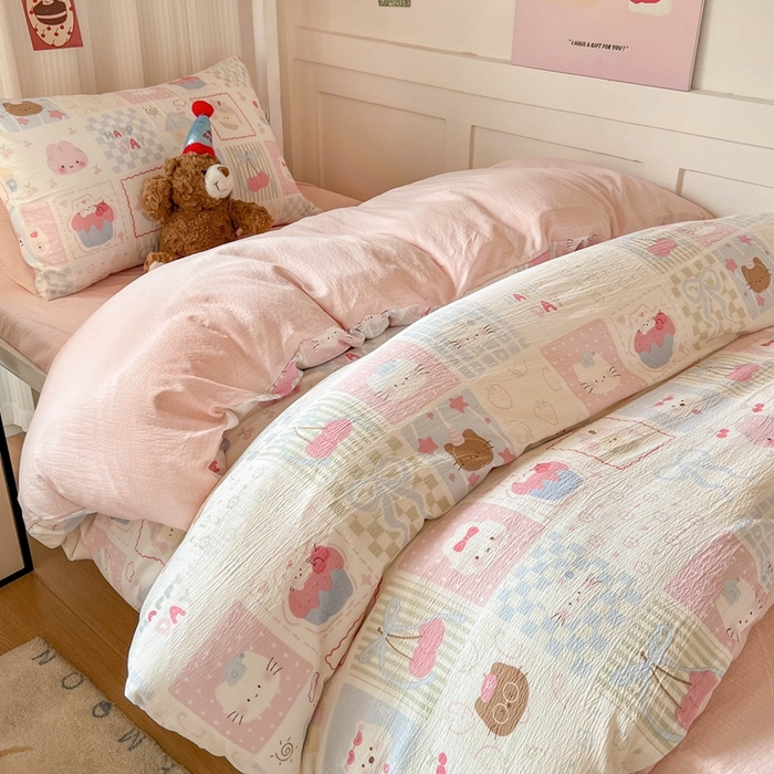 91家纺网 家纺一手货源 找家纺 玉海棠家纺 2025新款云感双层纱提花学生宿舍三件套上下铺三件套 萌物乐园