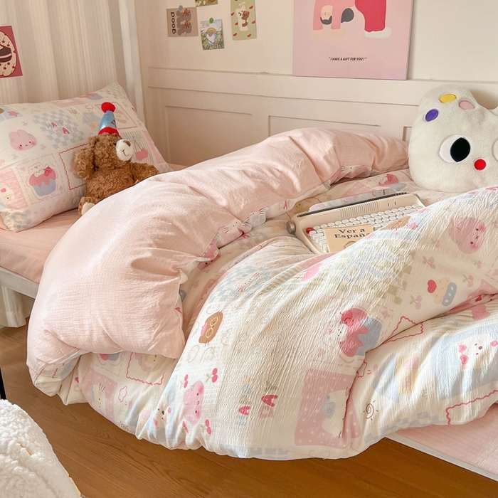91家纺网 家纺一手货源 找家纺 玉海棠家纺 2025新款云感双层纱提花学生宿舍三件套上下铺三件套 萌物乐园