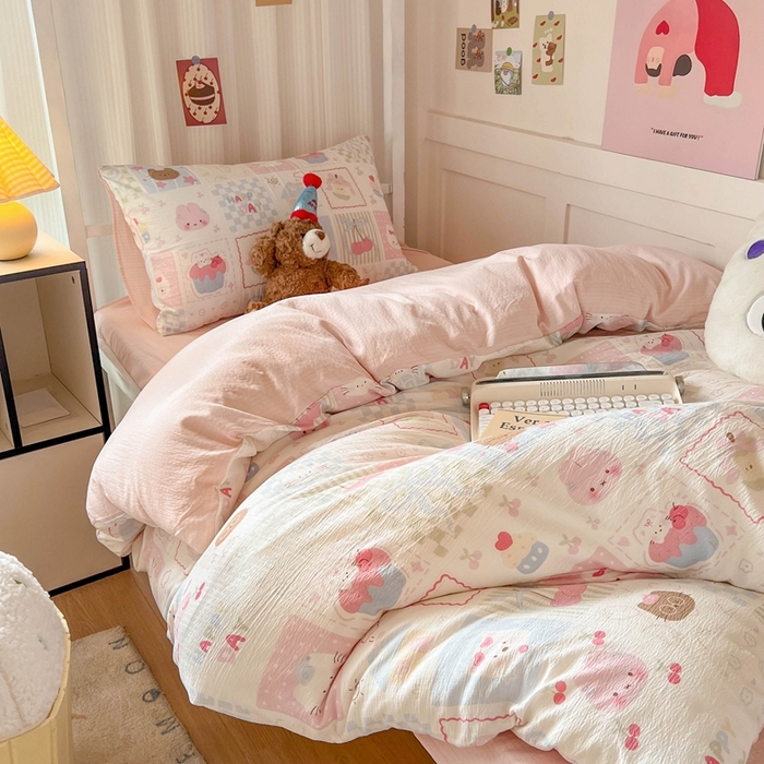 91家纺网 家纺一手货源 找家纺 玉海棠家纺 2025新款云感双层纱提花学生宿舍三件套上下铺三件套 萌物乐园