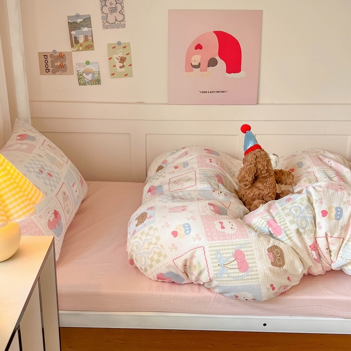 91家纺网 家纺一手货源 找家纺 玉海棠家纺 2025新款云感双层纱提花学生宿舍三件套上下铺三件套 萌物乐园