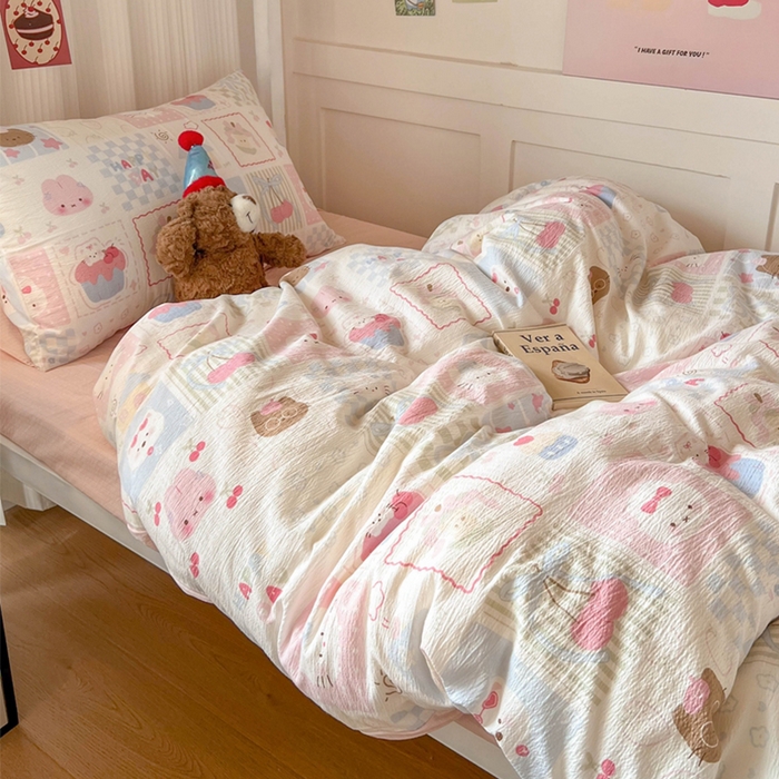 91家纺网 家纺一手货源 找家纺 玉海棠家纺 2025新款云感双层纱提花学生宿舍三件套上下铺三件套 萌物乐园