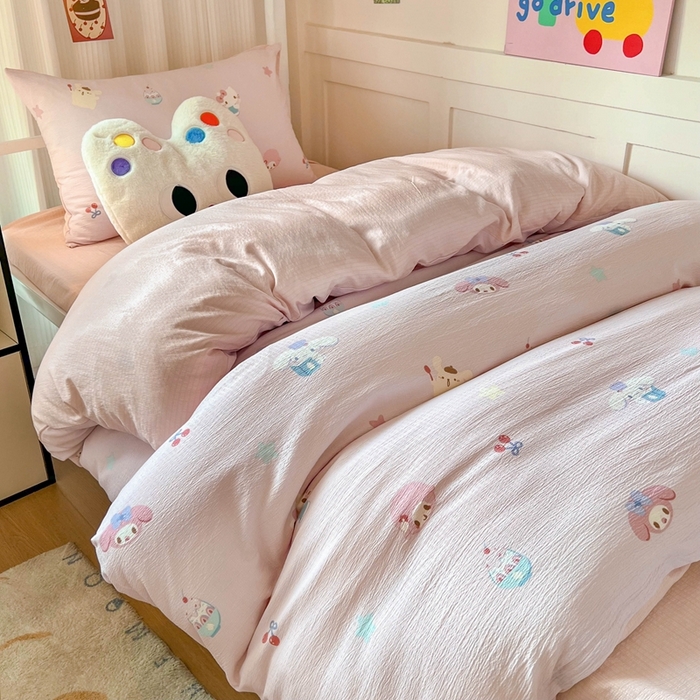 91家纺网 家纺一手货源 找家纺 玉海棠家纺 2025新款云感双层纱提花学生宿舍三件套上下铺三件套 三丽家族