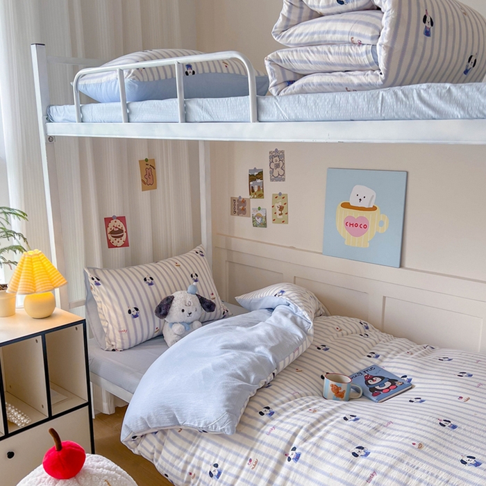 玉海棠家纺 2025新款云感双层纱提花学生宿舍三件套上下铺三件套 竖条小狗