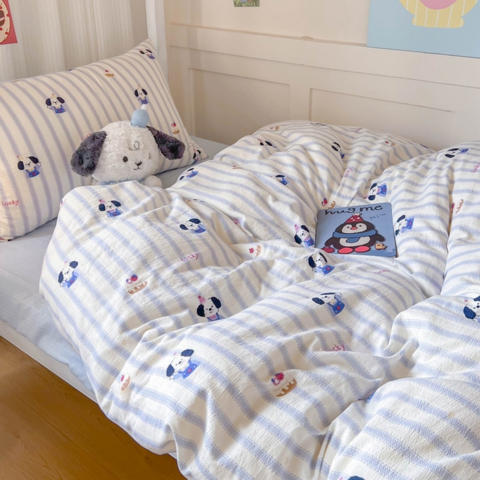 91家纺网 家纺一手货源 找家纺 玉海棠家纺 2025新款云感双层纱提花学生宿舍三件套上下铺三件套 竖条小狗