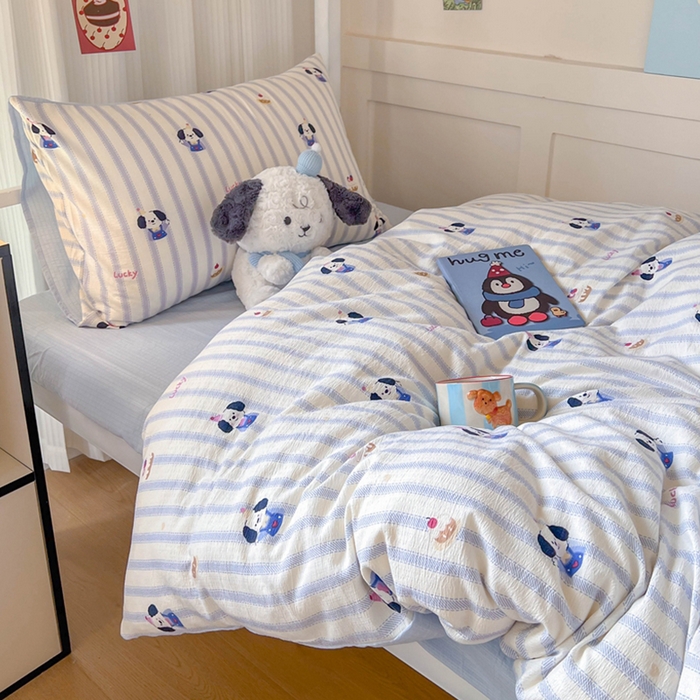 91家纺网 家纺一手货源 找家纺 玉海棠家纺 2025新款云感双层纱提花学生宿舍三件套上下铺三件套 竖条小狗