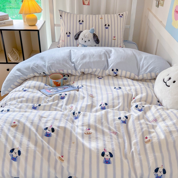 91家纺网 家纺一手货源 找家纺 玉海棠家纺 2025新款云感双层纱提花学生宿舍三件套上下铺三件套 竖条小狗