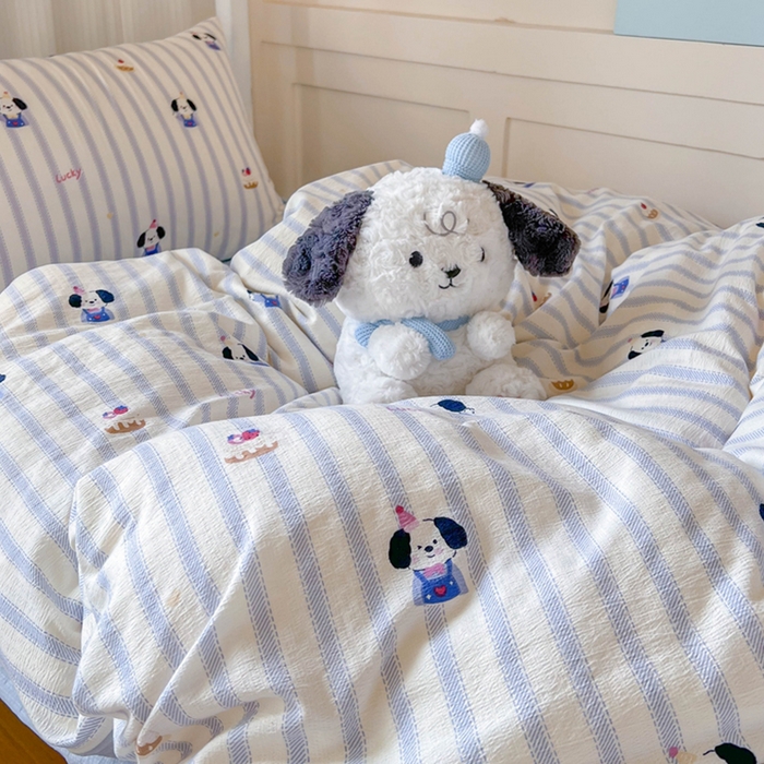 91家纺网 家纺一手货源 找家纺 玉海棠家纺 2025新款云感双层纱提花学生宿舍三件套上下铺三件套 竖条小狗