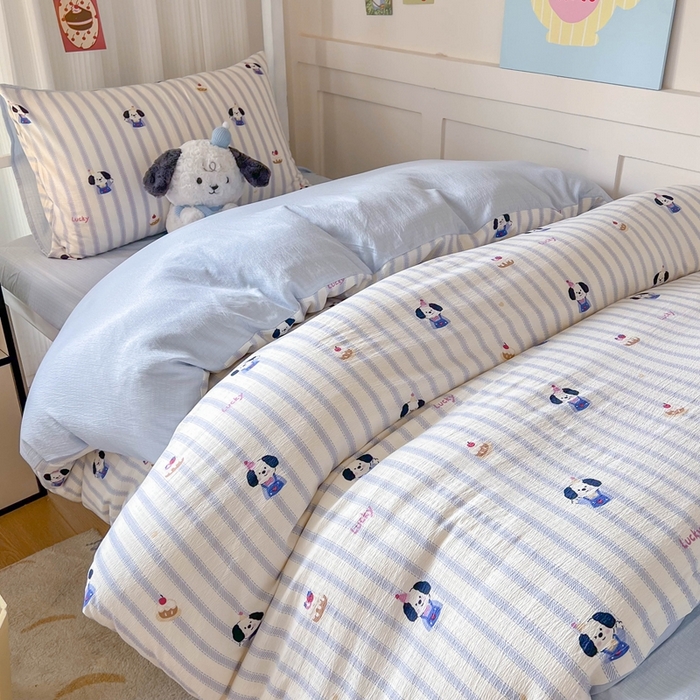 91家纺网 家纺一手货源 找家纺 玉海棠家纺 2025新款云感双层纱提花学生宿舍三件套上下铺三件套 竖条小狗