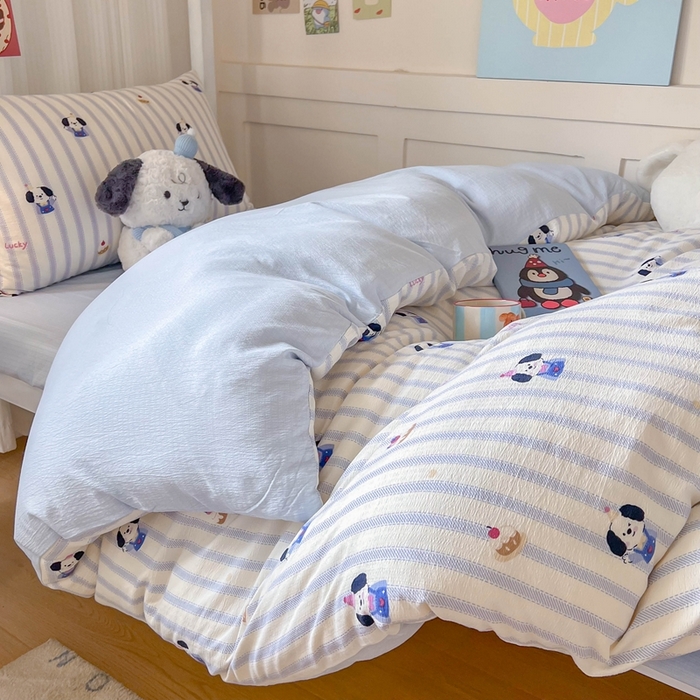 91家纺网 家纺一手货源 找家纺 玉海棠家纺 2025新款云感双层纱提花学生宿舍三件套上下铺三件套 竖条小狗