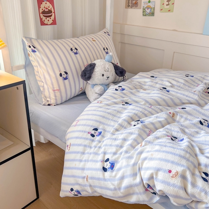 91家纺网 家纺一手货源 找家纺 玉海棠家纺 2025新款云感双层纱提花学生宿舍三件套上下铺三件套 竖条小狗