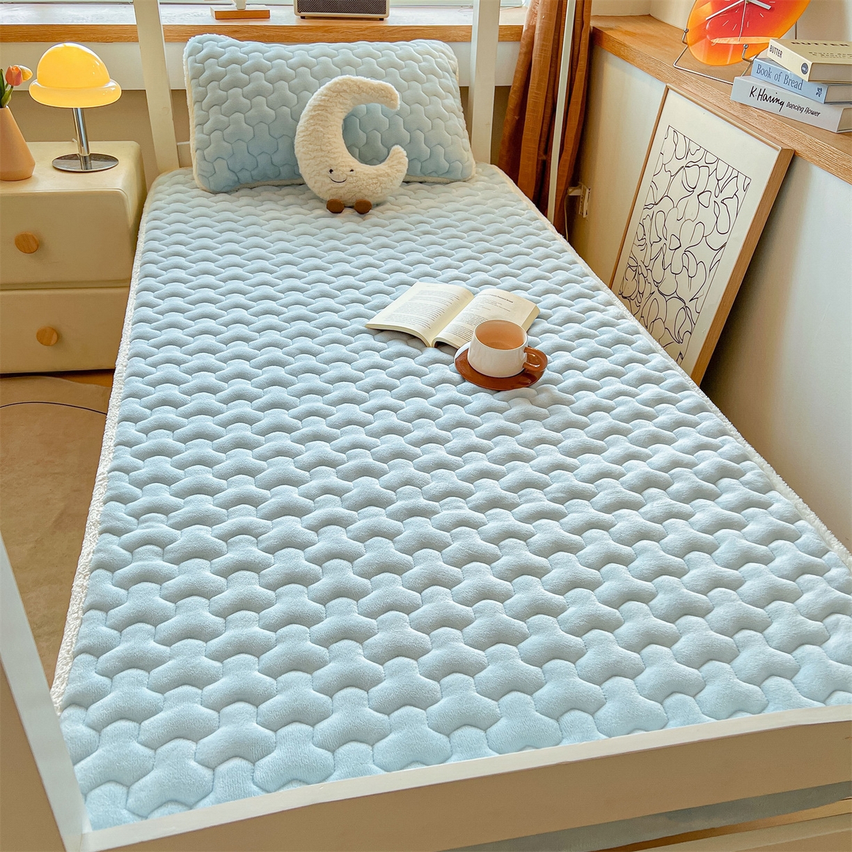 91家纺网 家纺一手货源 找家纺 雯豆 2025冬季新品牛奶绒夹棉床笠大学生床垫保护套纯色素色床罩牛奶绒夹棉床笠-天蓝