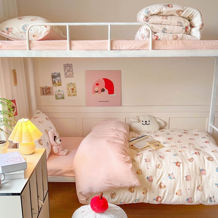 91家纺网 家纺一手货源 找家纺 玉海棠家纺 2025新款云感双层纱提花学生宿舍三件套上下铺三件套 小女孩