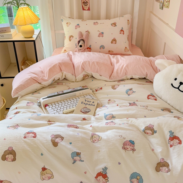 91家纺网 家纺一手货源 找家纺 玉海棠家纺 2025新款云感双层纱提花学生宿舍三件套上下铺三件套 小女孩