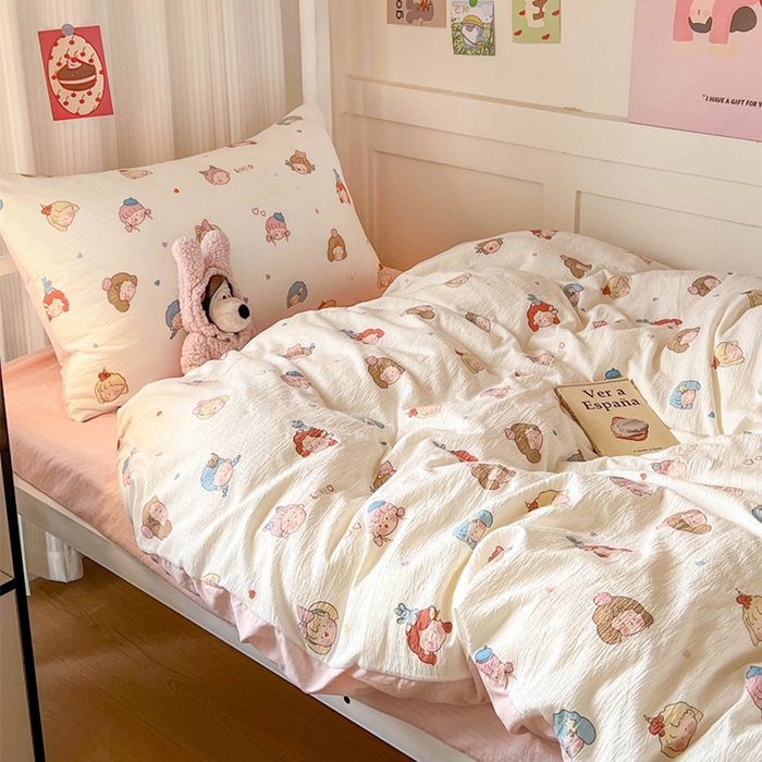 91家纺网 家纺一手货源 找家纺 玉海棠家纺 2025新款云感双层纱提花学生宿舍三件套上下铺三件套 小女孩