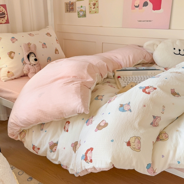 91家纺网 家纺一手货源 找家纺 玉海棠家纺 2025新款云感双层纱提花学生宿舍三件套上下铺三件套 小女孩