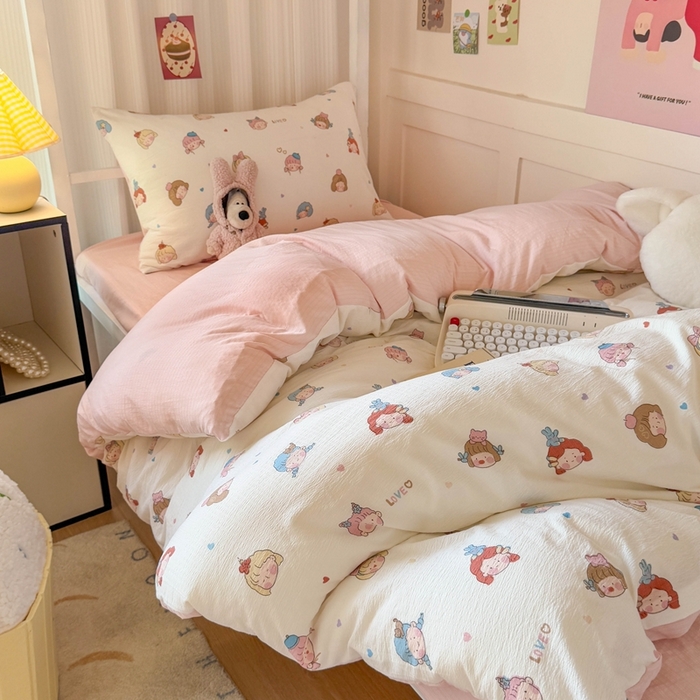 91家纺网 家纺一手货源 找家纺 玉海棠家纺 2025新款云感双层纱提花学生宿舍三件套上下铺三件套 小女孩