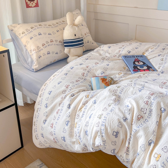 91家纺网 家纺一手货源 找家纺 玉海棠家纺 2025新款云感双层纱提花学生宿舍三件套上下铺三件套 小汽车