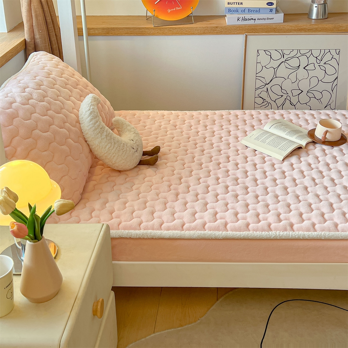 91家纺网 家纺一手货源 找家纺 雯豆 2025冬季新品牛奶绒夹棉床笠大学生床垫保护套纯色素色床罩牛奶绒夹棉床笠-玉颜粉