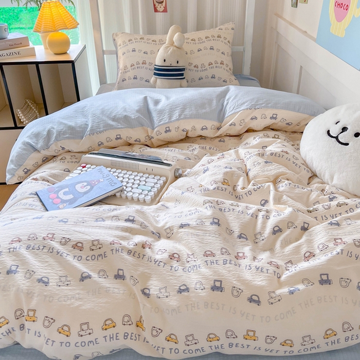 91家纺网 家纺一手货源 找家纺 玉海棠家纺 2025新款云感双层纱提花学生宿舍三件套上下铺三件套 小汽车