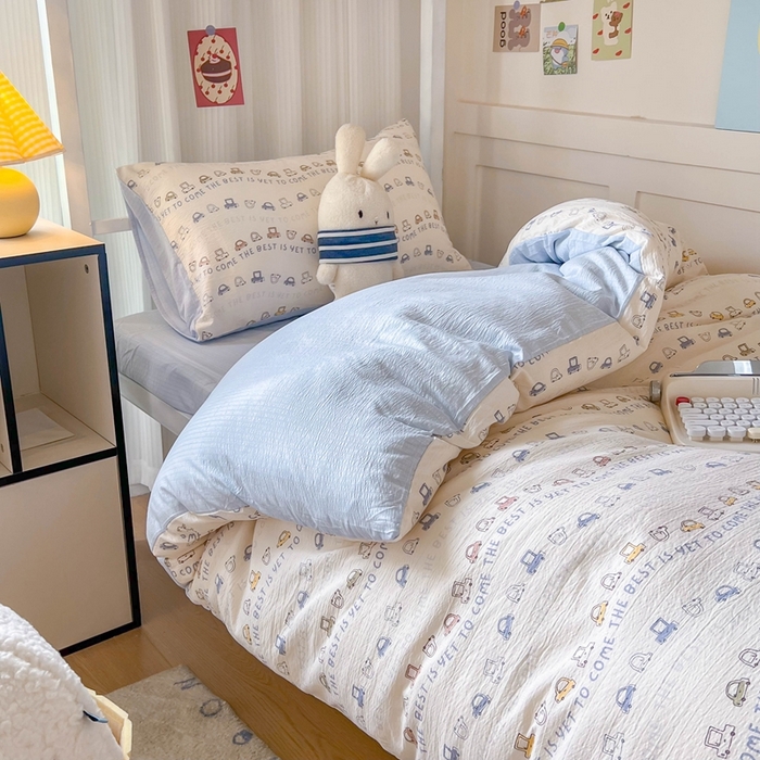 91家纺网 家纺一手货源 找家纺 玉海棠家纺 2025新款云感双层纱提花学生宿舍三件套上下铺三件套 小汽车