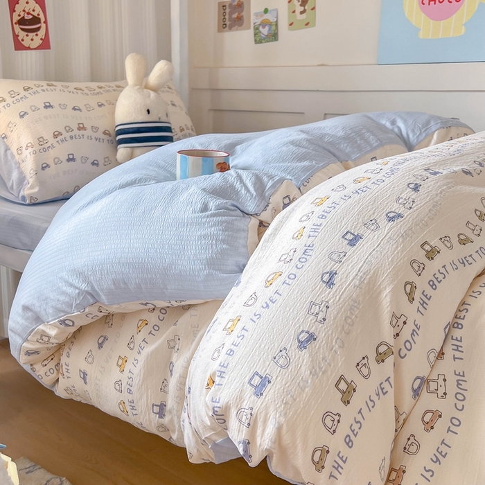 91家纺网 家纺一手货源 找家纺 玉海棠家纺 2025新款云感双层纱提花学生宿舍三件套上下铺三件套 小汽车