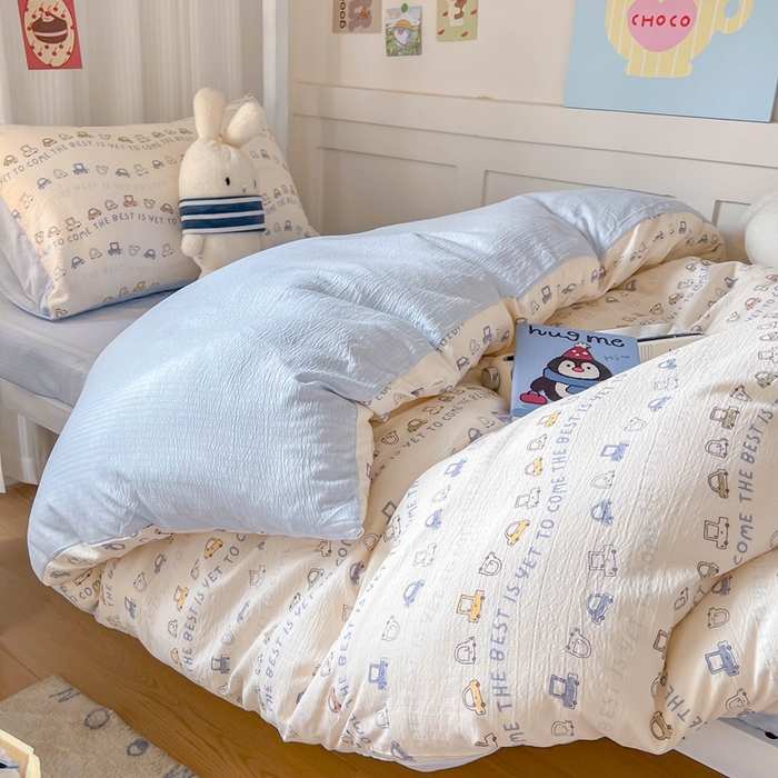 91家纺网 家纺一手货源 找家纺 玉海棠家纺 2025新款云感双层纱提花学生宿舍三件套上下铺三件套 小汽车