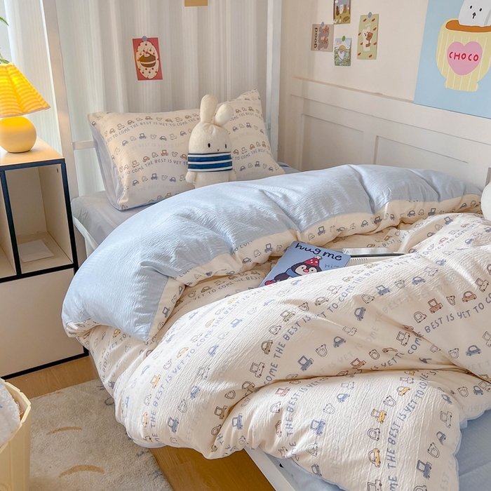 91家纺网 家纺一手货源 找家纺 玉海棠家纺 2025新款云感双层纱提花学生宿舍三件套上下铺三件套 小汽车