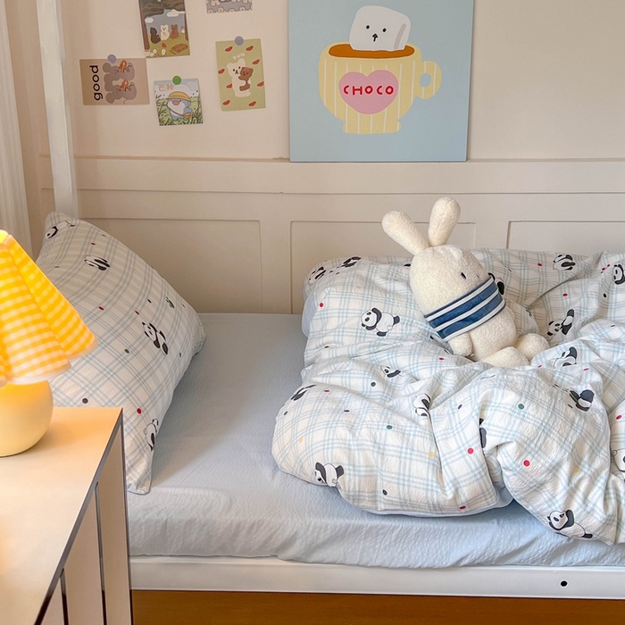 91家纺网 家纺一手货源 找家纺 玉海棠家纺 2025新款云感双层纱提花学生宿舍三件套上下铺三件套 熊猫宝宝