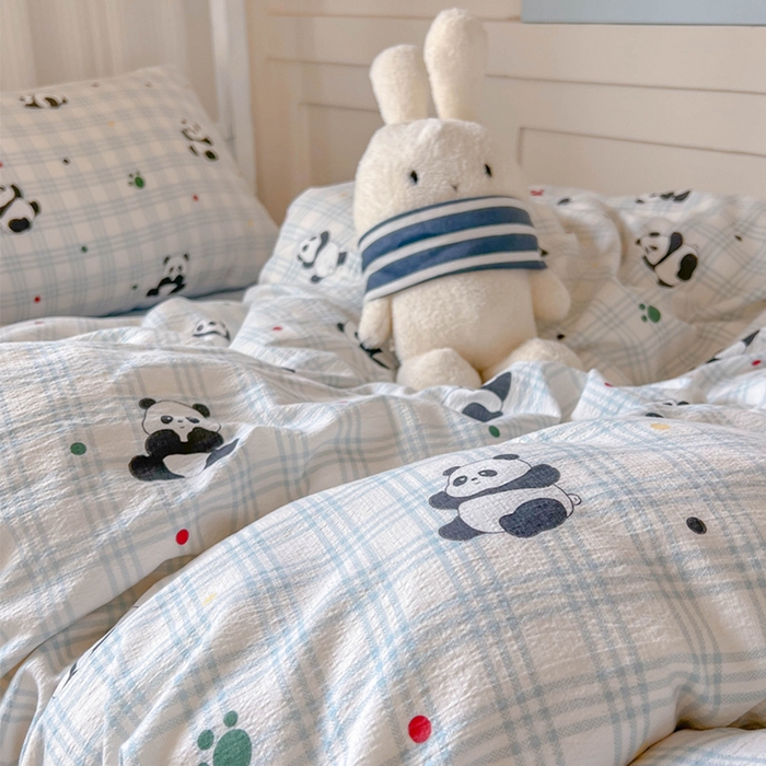 91家纺网 家纺一手货源 找家纺 玉海棠家纺 2025新款云感双层纱提花学生宿舍三件套上下铺三件套 熊猫宝宝