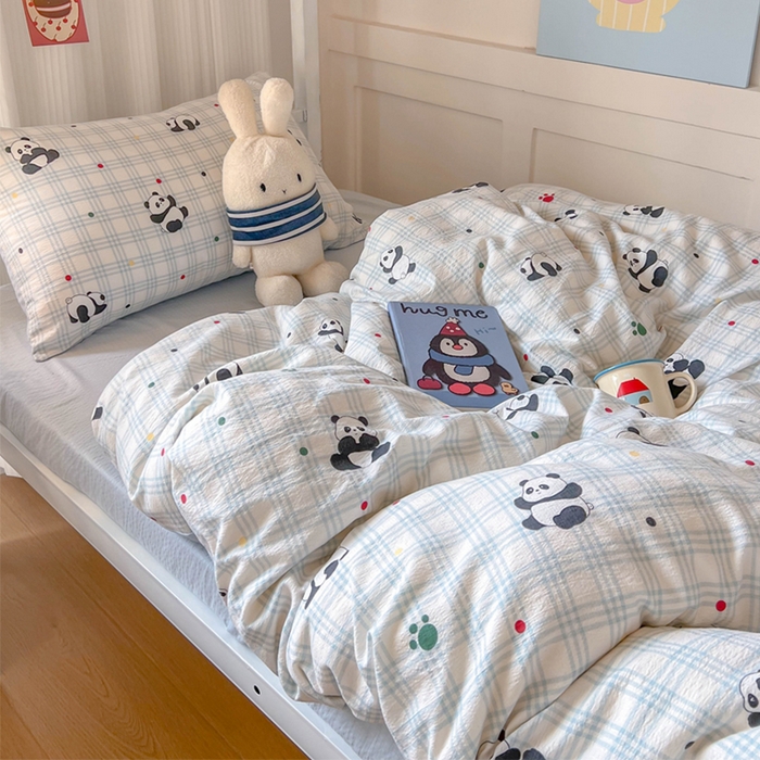 91家纺网 家纺一手货源 找家纺 玉海棠家纺 2025新款云感双层纱提花学生宿舍三件套上下铺三件套 熊猫宝宝