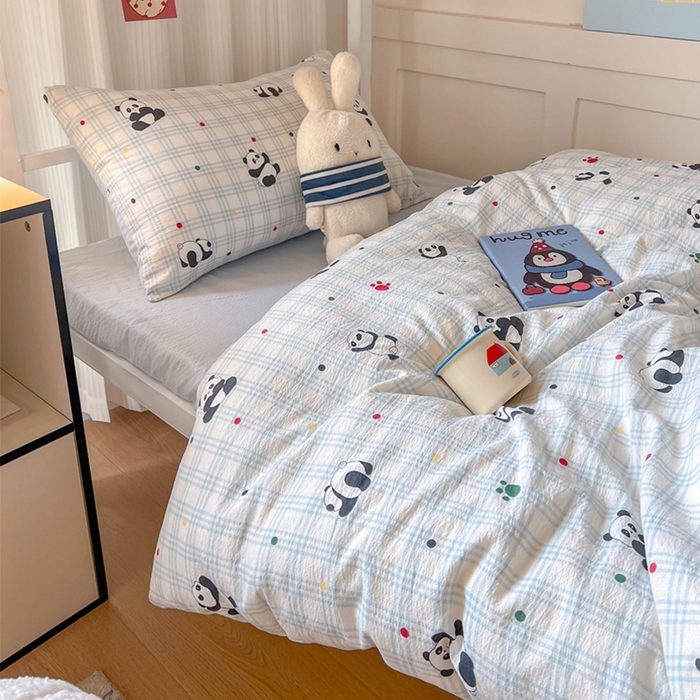 91家纺网 家纺一手货源 找家纺 玉海棠家纺 2025新款云感双层纱提花学生宿舍三件套上下铺三件套 熊猫宝宝