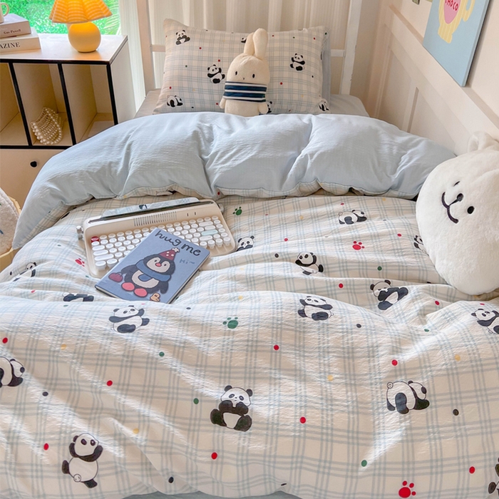 91家纺网 家纺一手货源 找家纺 玉海棠家纺 2025新款云感双层纱提花学生宿舍三件套上下铺三件套 熊猫宝宝