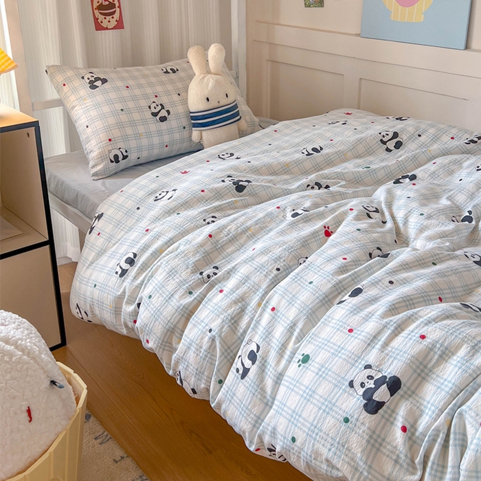 91家纺网 家纺一手货源 找家纺 玉海棠家纺 2025新款云感双层纱提花学生宿舍三件套上下铺三件套 熊猫宝宝