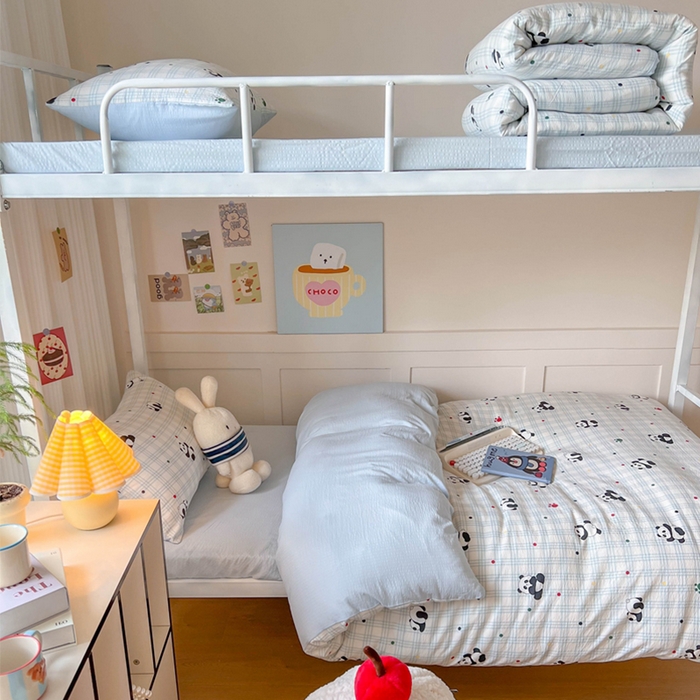 91家纺网 家纺一手货源 找家纺 玉海棠家纺 2025新款云感双层纱提花学生宿舍三件套上下铺三件套 熊猫宝宝