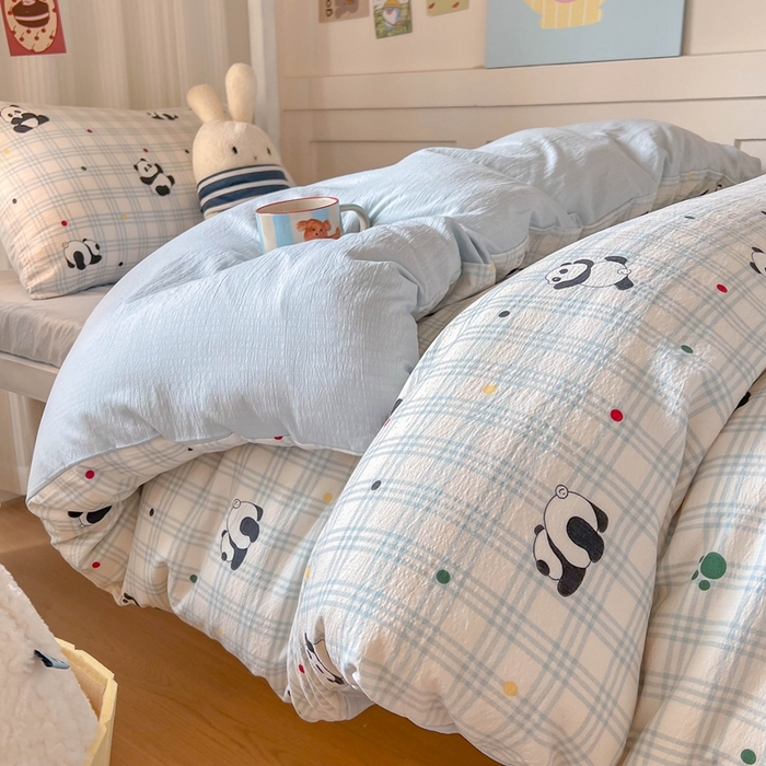 91家纺网 家纺一手货源 找家纺 玉海棠家纺 2025新款云感双层纱提花学生宿舍三件套上下铺三件套 熊猫宝宝