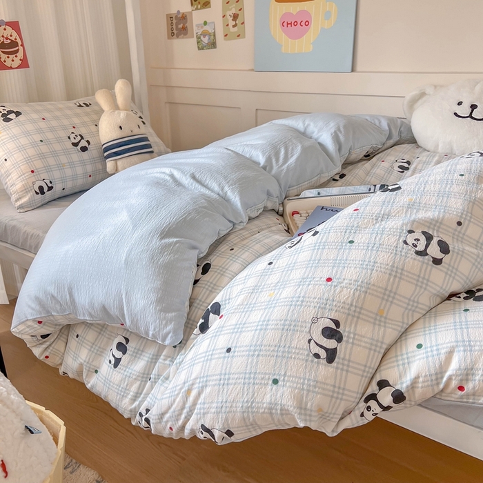 91家纺网 家纺一手货源 找家纺 玉海棠家纺 2025新款云感双层纱提花学生宿舍三件套上下铺三件套 熊猫宝宝