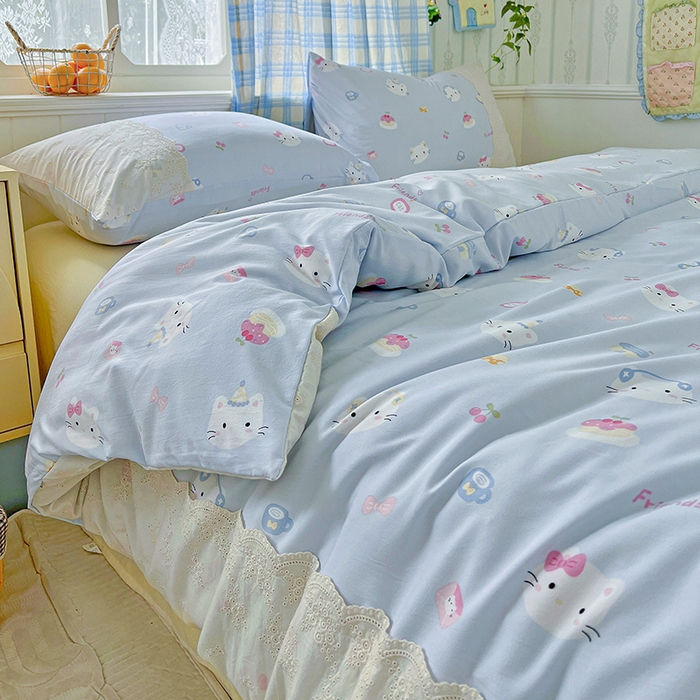 91家纺网 家纺一手货源 找家纺 海岛哥哥 2025新款韩式全棉蕾丝花边软绵绵四件套 小猫时光-蓝