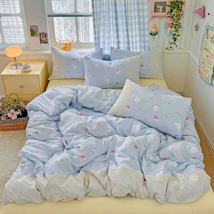 91家纺网 家纺一手货源 找家纺 海岛哥哥 2025新款韩式全棉蕾丝花边软绵绵四件套 小猫时光-蓝