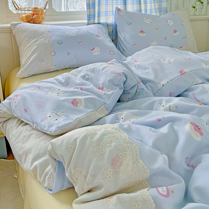 91家纺网 家纺一手货源 找家纺 海岛哥哥 2025新款韩式全棉蕾丝花边软绵绵四件套 小猫时光-蓝